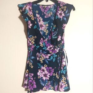 Japna Women's Handmade Floral Short Sleeve Long Blouse Navy Purple Size S EUC